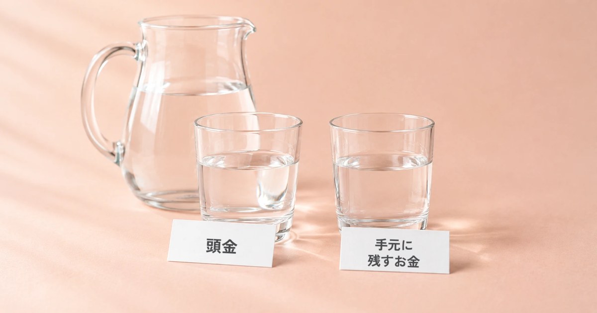 淡いコーラル色の紙の上に、ガラスの水差しと、同じくらい水が入った2つのグラス。手前に「頭金」と「手元に残すお金」のカード