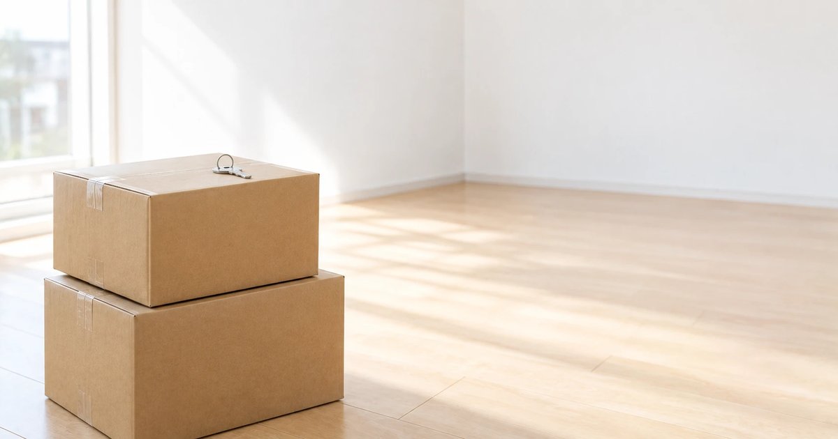 何もない明るい部屋の床に置かれた、引っ越し用の段ボール箱と家の鍵
