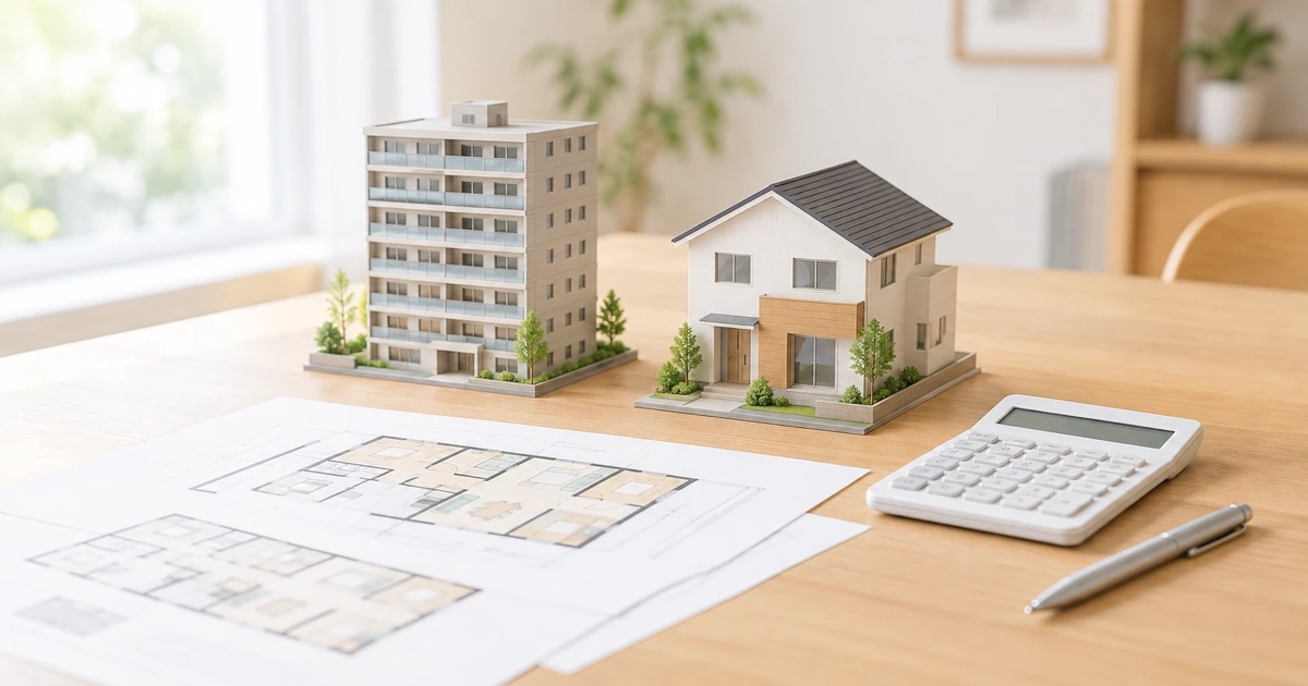 木の机に置かれたマンションと戸建ての模型、間取り図、電卓