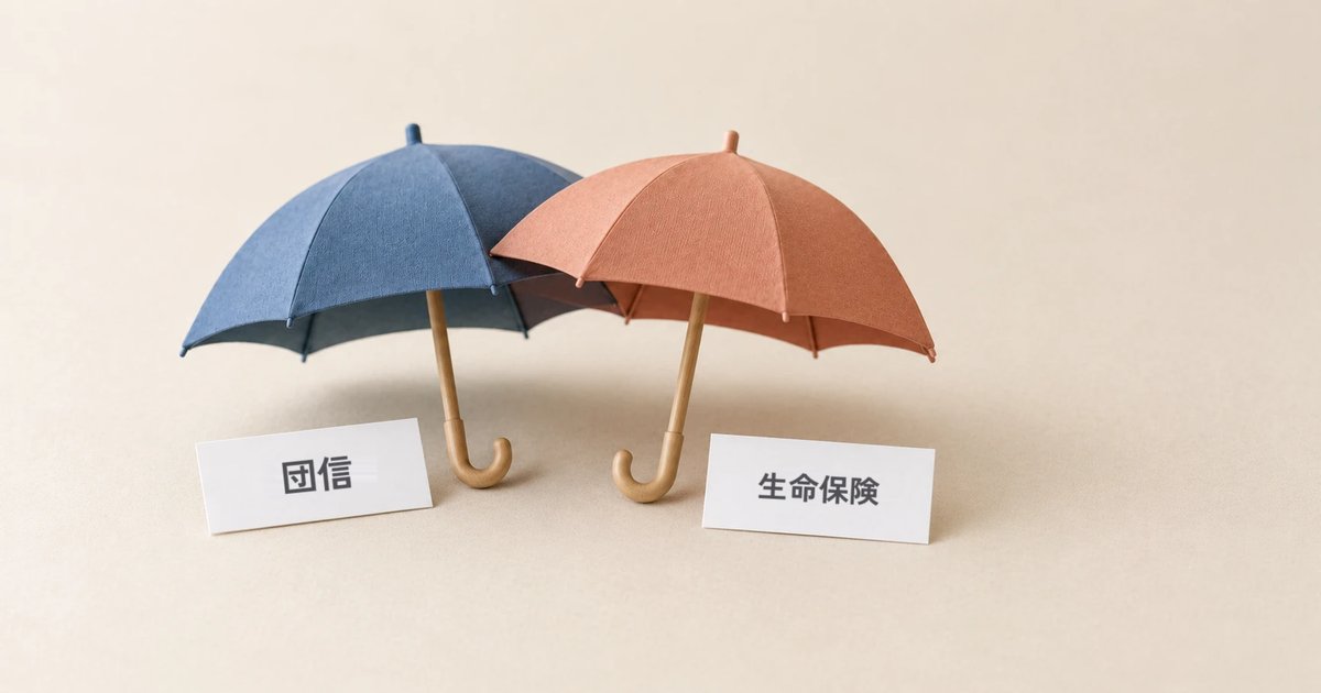 明るいアイボリーの紙の上に、少し重なって開いた紺色とテラコッタ色の小さな傘。手前に「団信」と「生命保険」のカード