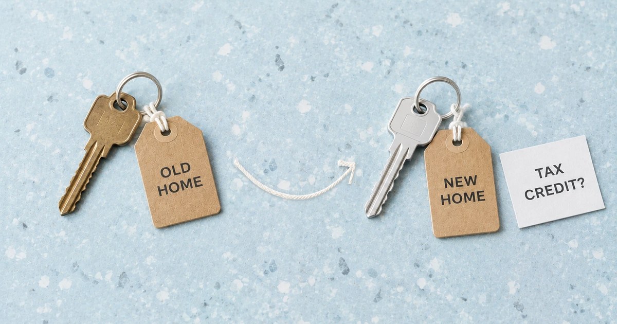 水色のテラゾーの上に、「OLD HOME」の古い鍵から「NEW HOME」の新しい鍵へ向かう矢印と、「TAX CREDIT?」と書かれたカード