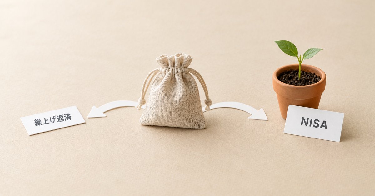 砂色の紙の上に、麻の巾着から左右に分かれる白い矢印。左の先に「繰上げ返済」のカード、右の先に芽が出た鉢と「NISA」のカード