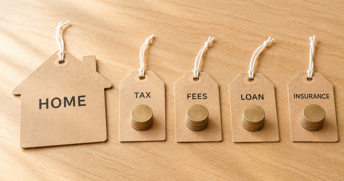 木のテーブルに並んだ、家の形の値札と、硬貨を載せた「TAX」「FEES」「LOAN」「INSURANCE」の値札