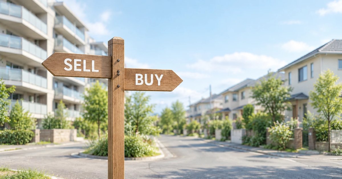 住宅街の分かれ道に立つ、SELL と BUY の矢印が左右を指す木の標識